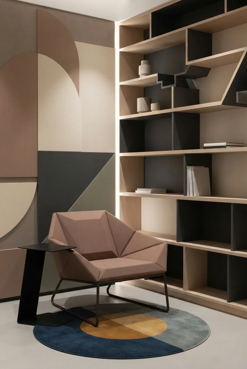 Graphic Geometric reading nook with sculptural rectangular shelving, a faceted lounge chair, patterned wall panels, and warm concealed lighting.