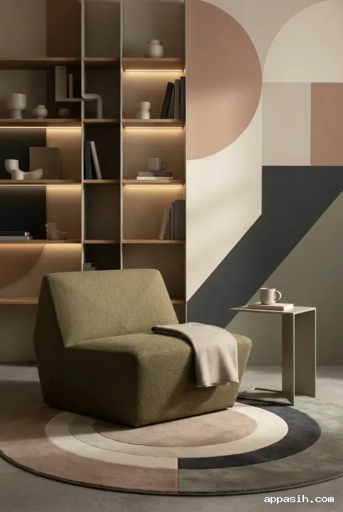 Closer three-quarter view of a Graphic Geometric reading nook with a faceted lounge chair, sculptural rectangular shelving, abstract wall panels, and warm architectural lighting.