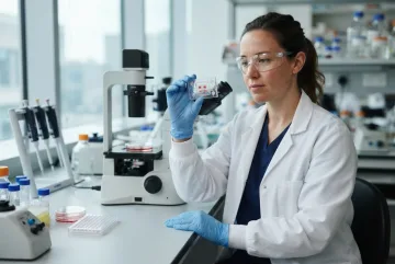 Biomedical scientist examining a transparent lung organoid microfluidic chip at a modern laboratory workbench.