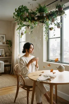 Woman drinking morning tea at a wooden table beneath a surreal floating indoor garden with suspended plants and household objects.