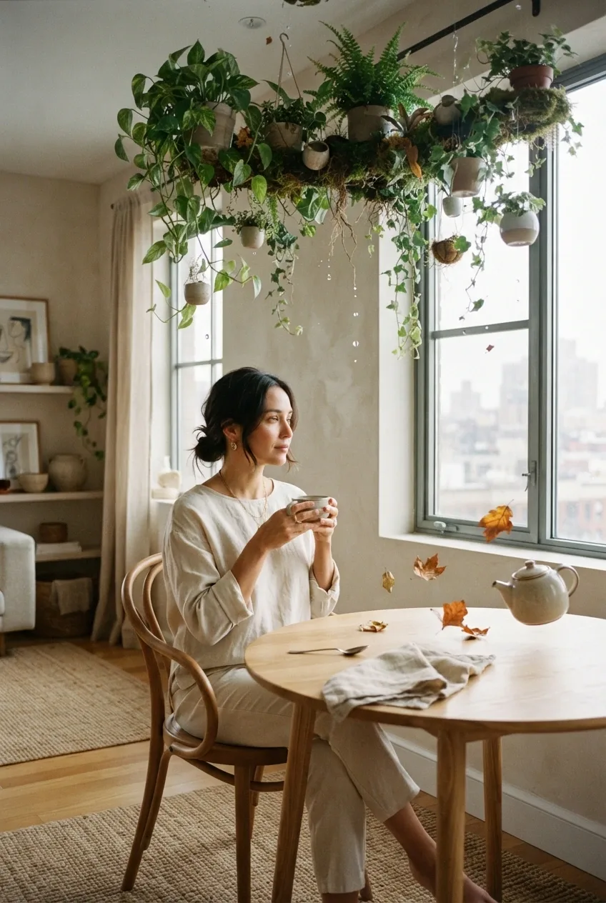 Woman drinking morning tea at a wooden table beneath a surreal floating indoor garden with suspended plants and household objects.