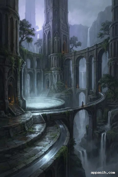 Three-quarter fantasy view of a cliff monastery around a silver-blue moonwell, with layered aqueducts, illuminated arches, waterfalls, ancient vegetation, and deep ravine mist.