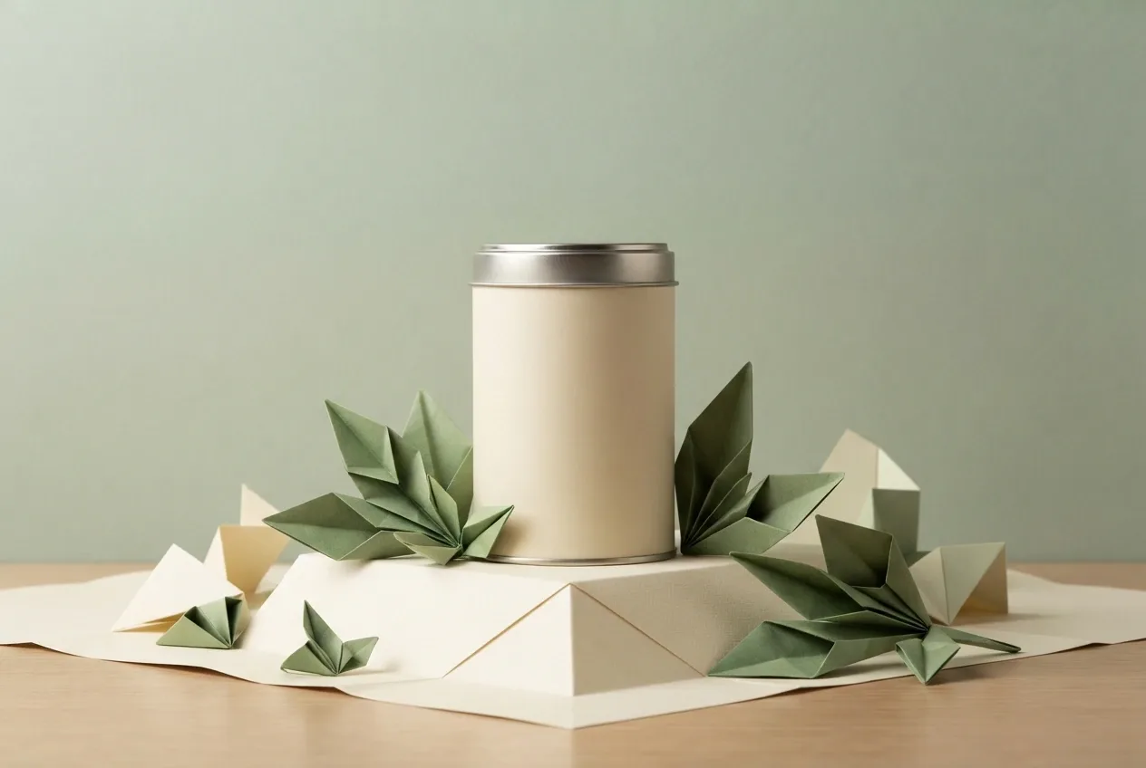 Matte cylindrical tea tin on a folded-paper pedestal surrounded by green origami tea leaves in a Mixed Media studio mockup.