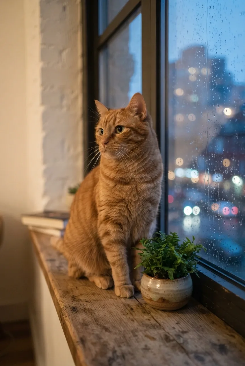 Photorealistic 3D portrait of a ginger cat sitting beside a rain-covered apartment window with a small green plant and blurred city lights outside.
