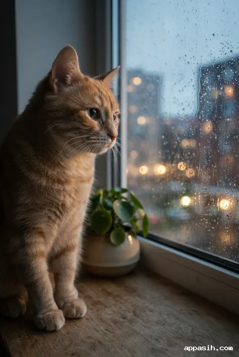 Close Photorealistic 3D portrait of the same ginger cat turning slightly beside a rainy apartment window, with a ceramic plant pot, detailed raindrops, warm indoor light, and blurred city lights.