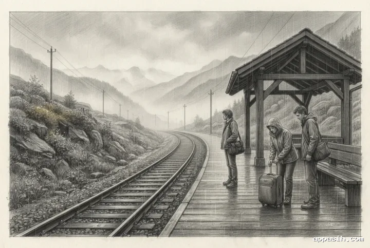 Detailed pencil sketch of two travelers waiting with luggage at a rainy mountain railway station as wet tracks curve toward fog-covered peaks.