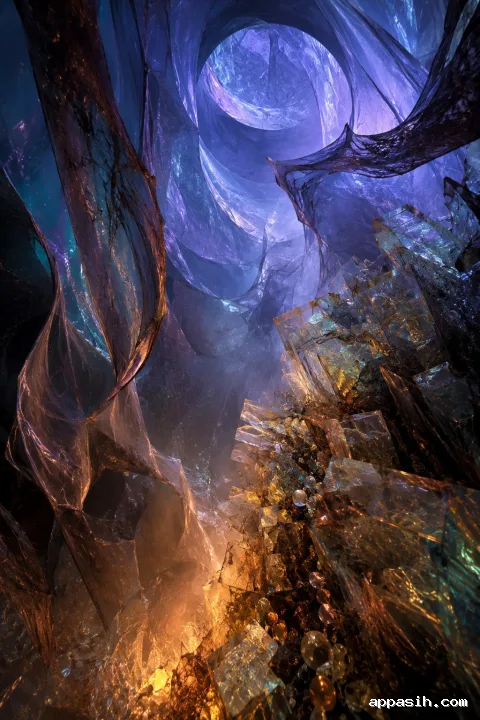 Monumental abstract vertical chamber viewed from below, filled with translucent membranes, fractured glass blocks, mineral droplets, and dramatic blue-hour amber light.