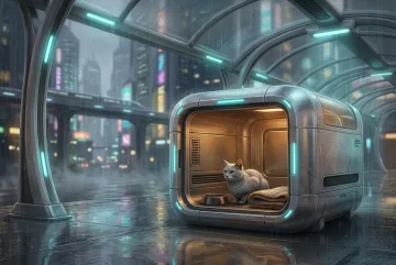 Silver-gray rescue cat resting inside a futuristic animal shelter pod with cyan lights and rain reflecting across a wet urban walkway.