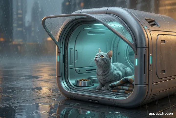 Silver-gray rescue cat looking toward the rain from a detailed futuristic shelter pod with cyan interior light, metal textures, mist, and reflective wet pavement.