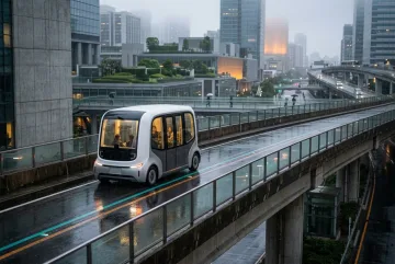 Cinematic autonomous electric shuttle driving across a rainy elevated transitway above a misty modern city.