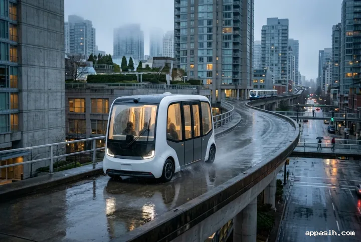 Cinematic three-quarter view of an autonomous electric shuttle traveling along a rain-soaked elevated transitway through a misty modern city.