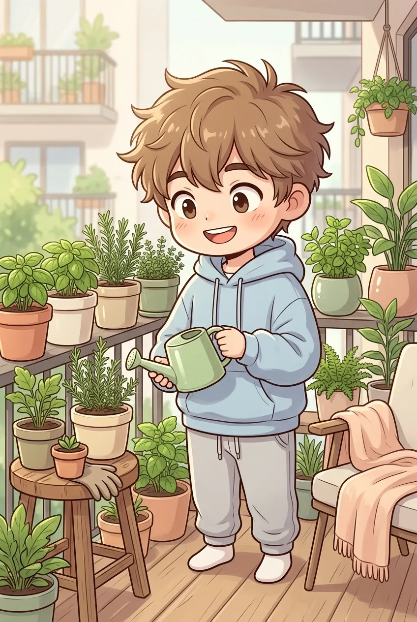 Chibi young adult watering potted herbs and leafy plants on a cozy apartment balcony during a peaceful morning routine.