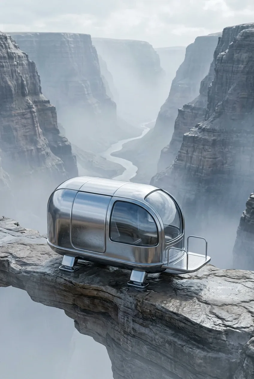 Chrome travel capsule on a cliffside overlook above a misty canyon in reflective metallic 3D.