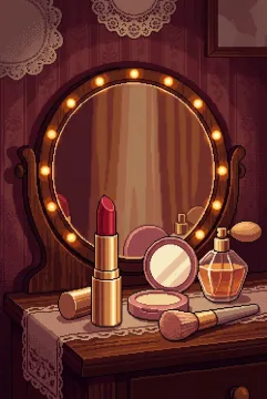 Ruby-red lipstick with a powder compact, blush brush, and perfume bottle on a glowing vanity rendered in Retro Pixel Art.