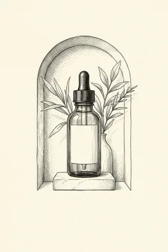 Amber glass dropper bottle on a stone pedestal with botanical leaves in a detailed black ink drawing product mockup.