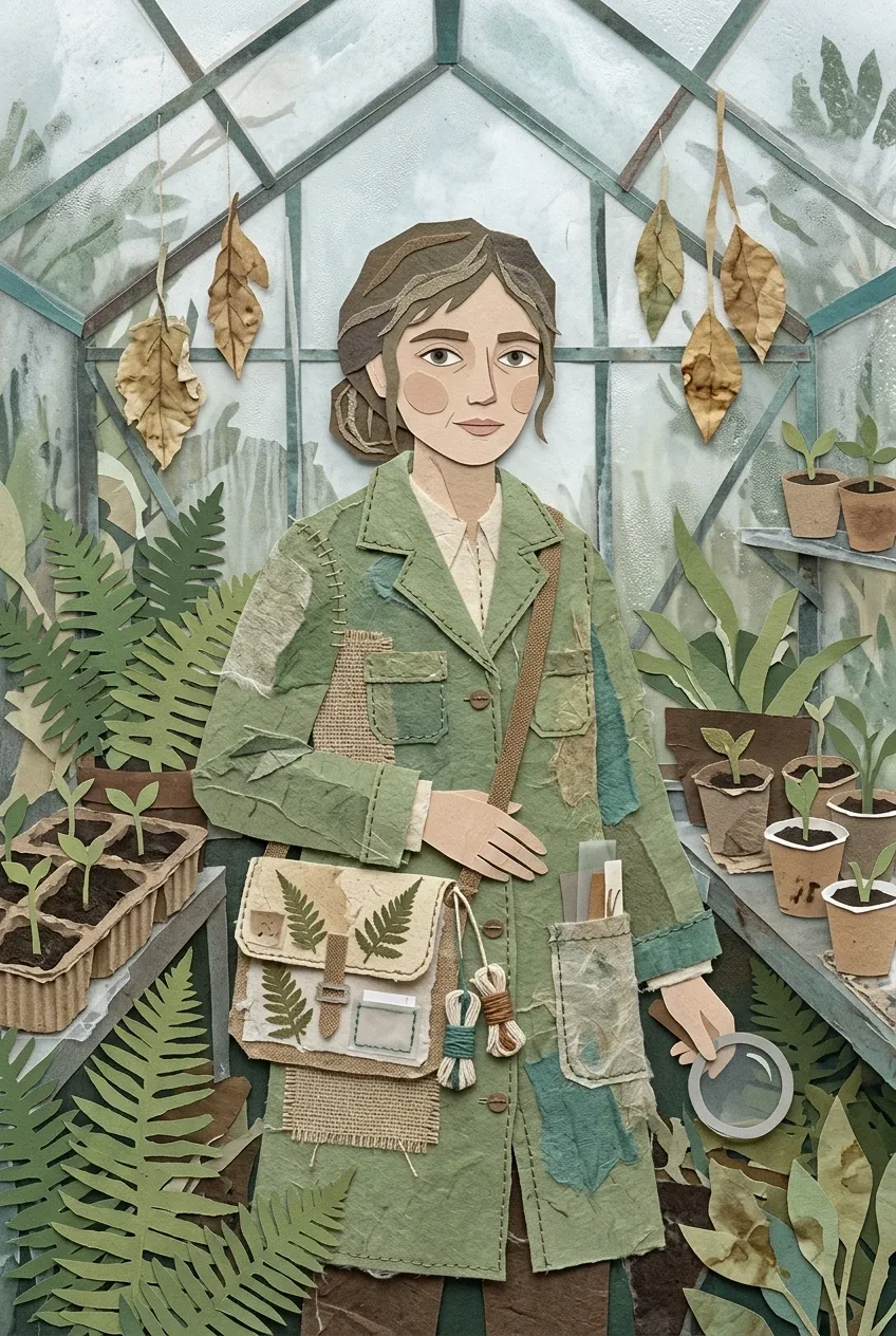 Mixed media collage of a botanical archivist carrying a pressed-fern satchel inside a misty weathered glasshouse.