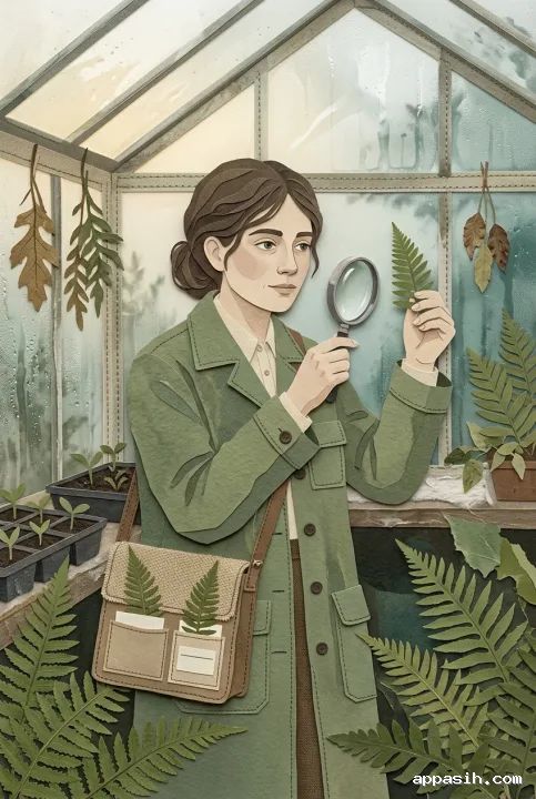 Closer mixed media collage view of a botanical archivist examining a fern with a magnifying lens inside the same misty glasshouse.