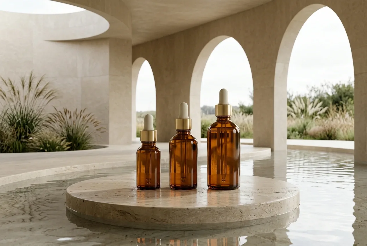 Three amber glass serum bottles on a limestone plinth inside a curved skincare pavilion with reflective water and soft daylight.