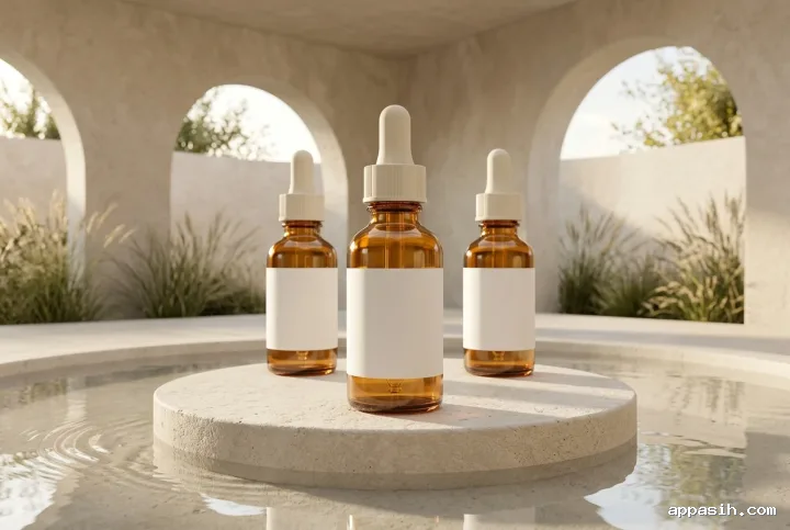 Three amber serum bottles viewed from a closer three-quarter angle on a limestone platform within the same curved skincare pavilion and reflective pool.