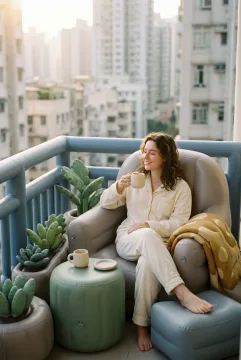 Young adult drinking morning coffee on a cozy apartment balcony with puffy furniture and plants rendered in Inflatable 3D.
