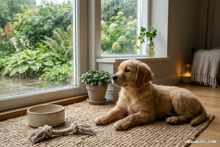 Golden retriever puppy lifting its head beside a rain-covered garden window, surrounded by indoor greenery, a woven mat, and soft overcast daylight.