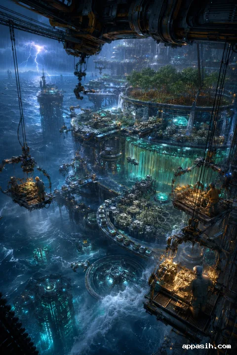 Tiga penjaga terumbu mengawasi robot otonom yang membangun habitat laut dari material elektronik daur ulang di atas benteng restorasi terapung saat badai monsun melanda kota yang terendam.