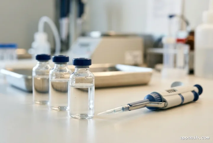 Close three-quarter studio view of sterile laboratory vials and a precision pipette on the same clean biomedical work surface with realistic glass reflections.