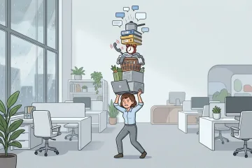 Cartoon office worker balancing a tall stack of household, digital, and workplace tasks in an open-plan office.