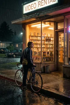 Cyclist standing outside a glowing 1980s video rental shop on a rainy night with cassette displays and wet pavement reflections.