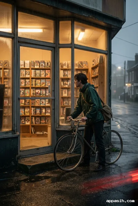 Closer cinematic view of a cyclist beside a 1980s video rental shop in the rain, with warm cassette displays, aged storefront textures, and reflective pavement.