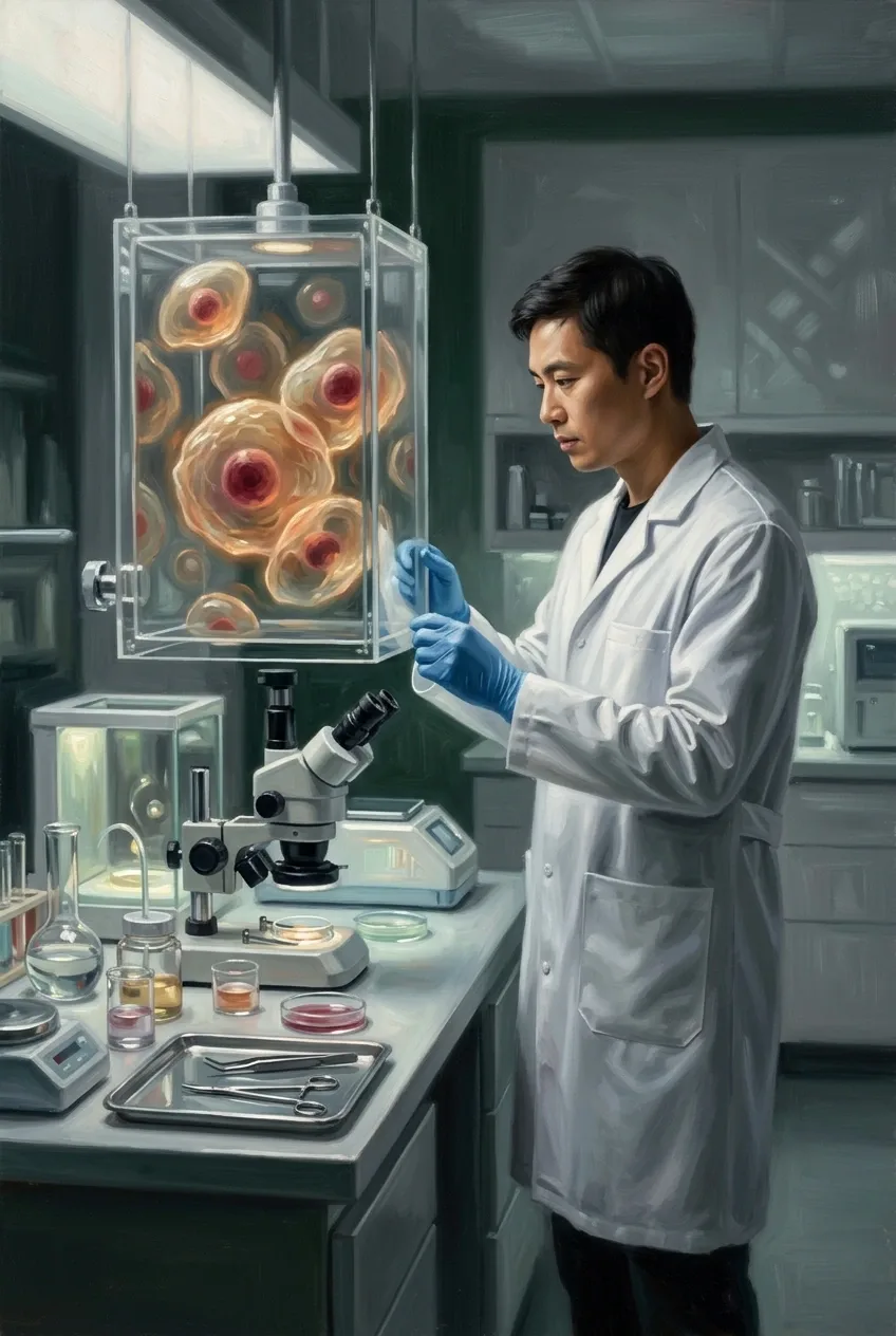 Oil painting of a biomedical researcher observing glowing cellular repair structures inside a modern laboratory chamber.