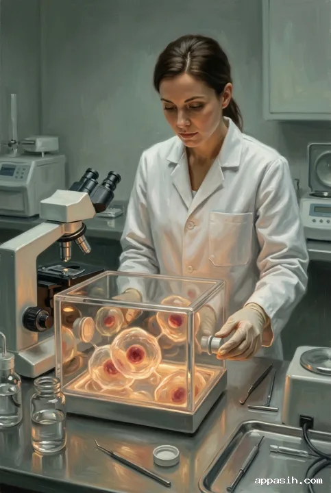 Detailed oil painting of a biomedical researcher adjusting a glowing cellular repair chamber in a modern laboratory.