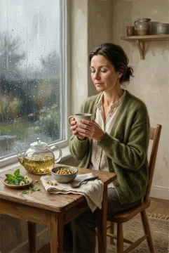 Woman practicing a mindful herbal tea morning ritual beside a rainy window in a textured oil painting.