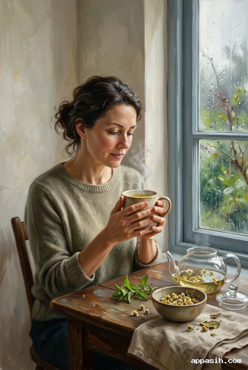 Close three-quarter view of a woman holding herbal tea beside a rainy window in a richly textured oil painting.