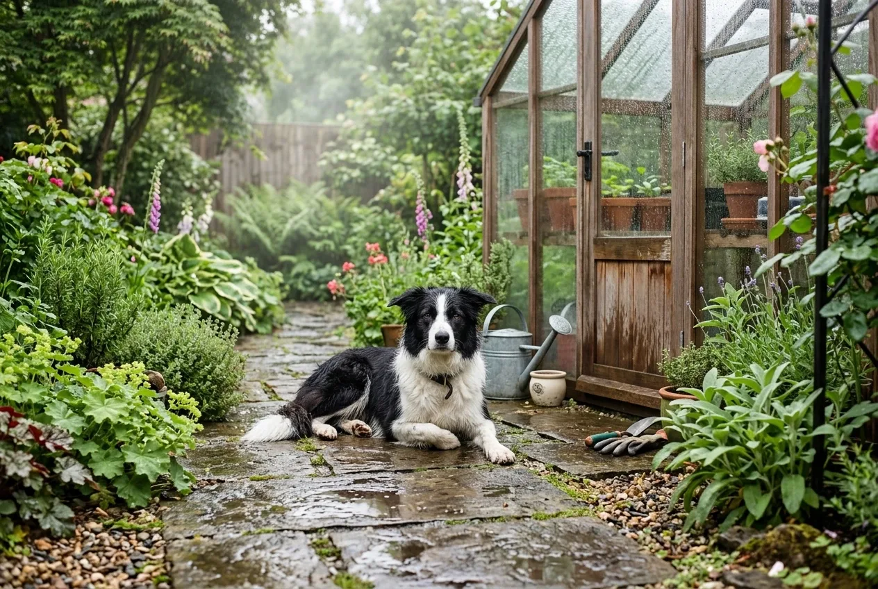 Black-and-white border collie resting on a wet stone path beside a glass greenhouse in a misty garden after rain.