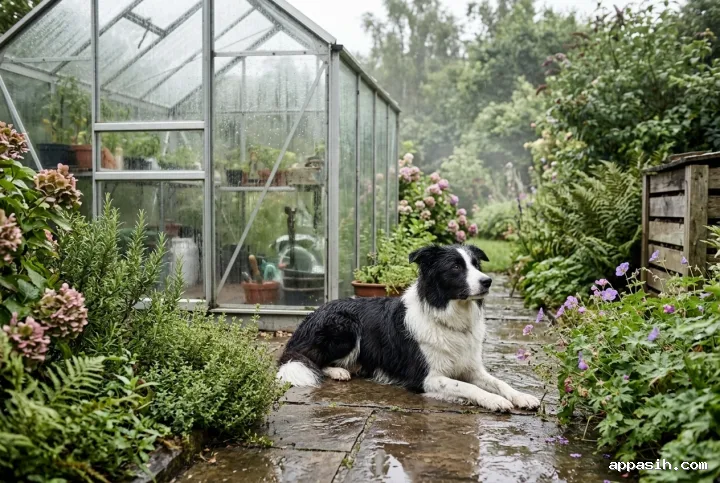 Border collie lifting its head beside a rain-speckled glass greenhouse, surrounded by wet plants, mist, and reflective garden stones.