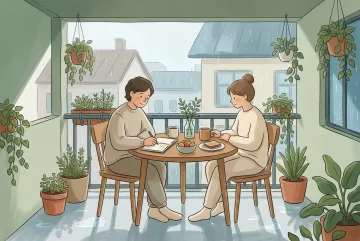 Young adult journaling beside breakfast on a plant-filled apartment balcony during a gentle rainy morning in a cozy storybook illustration.