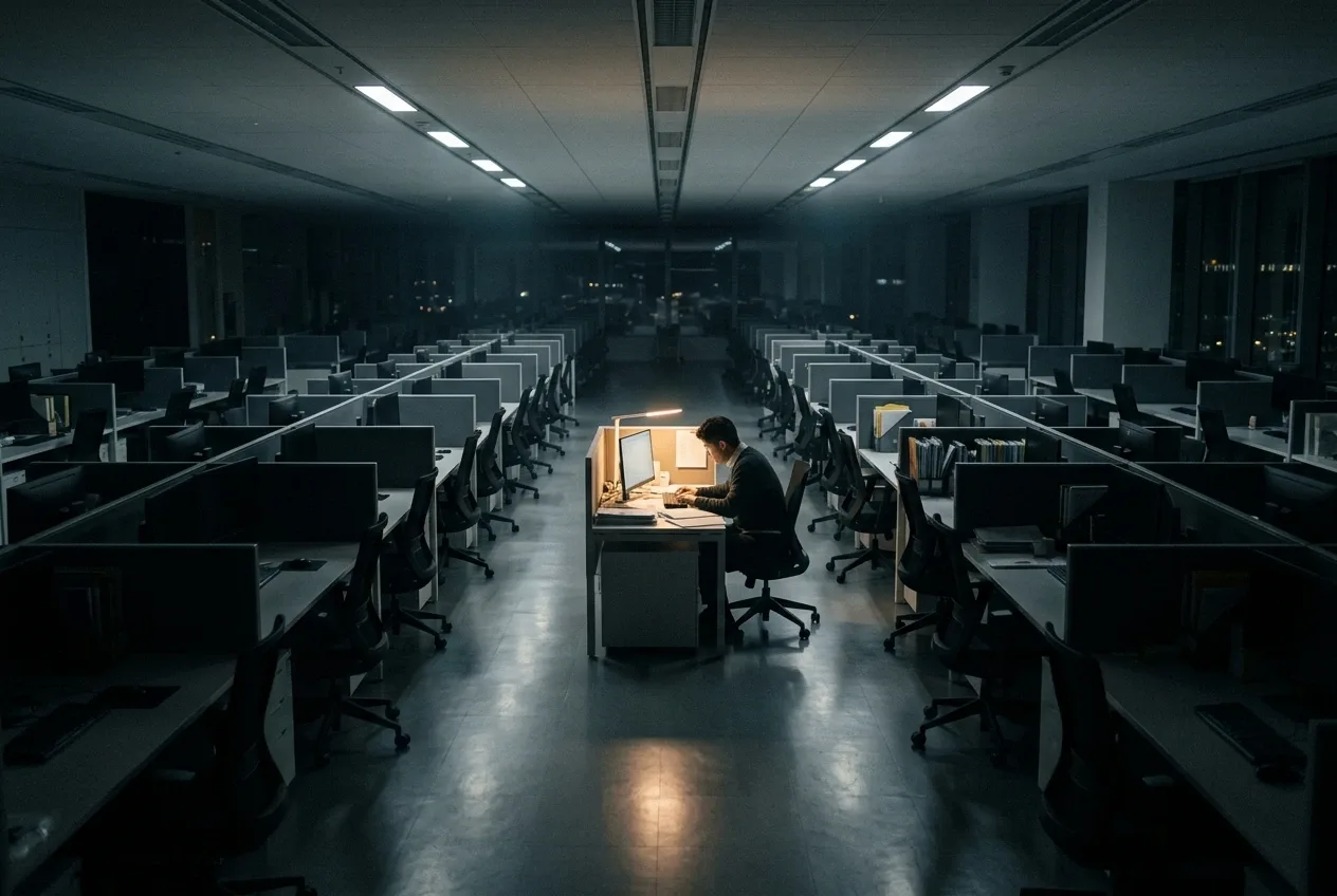 Lone office worker at one illuminated desk surrounded by rows of dark empty cubicles in a cinematic late-night workplace.