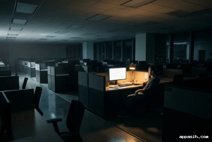Wide cinematic view of a lone office worker at an illuminated desk amid dark empty cubicles, symbolizing overwork and workplace isolation.