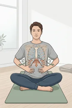 Technical illustration of an adult seated cross-legged on a wellness mat practicing diaphragmatic breathing, with lungs, ribs, diaphragm motion, and breathing-direction cues visible in the torso.