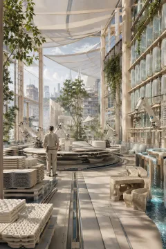 Anonymous climate technician supervising autonomous robots that manufacture modular urban cooling structures inside a bright vertical civic foundry.