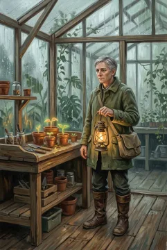 Acrylic painting of a silver-haired lantern keeper tending softly glowing seedlings inside a rainy glasshouse.