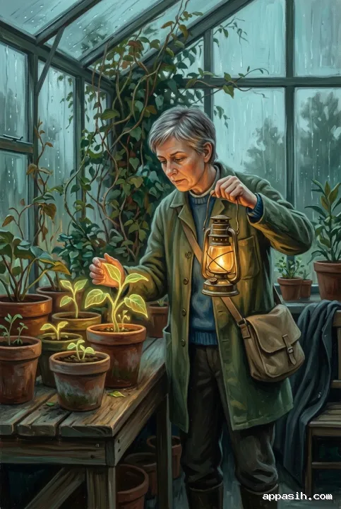 Detailed acrylic painting of the same silver-haired lantern keeper examining glowing seedlings by lantern light inside the rain-covered glasshouse.