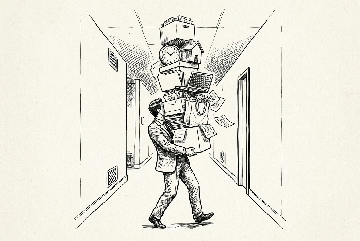 Ink drawing of an office worker carrying a precarious tower of folders, boxes, a clock, household objects, and paperwork through a narrow corridor.