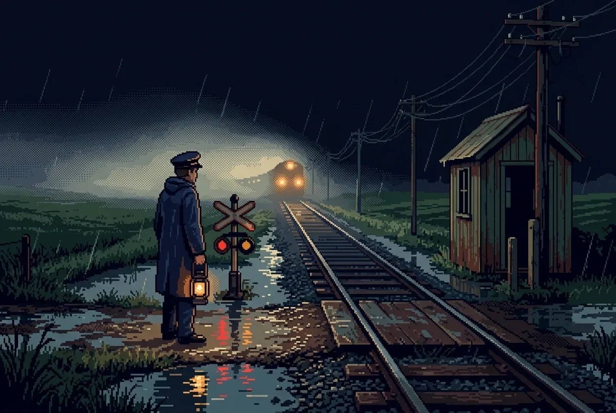 Railway signal keeper beside a flooded rural crossing at midnight with rain, reflected signal lamps, and distant train headlights in Retro Pixel Art.