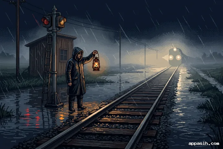 Railway signal keeper raising a lantern beside the same flooded midnight crossing as stronger train headlights shine through rain and mist in detailed Retro Pixel Art.