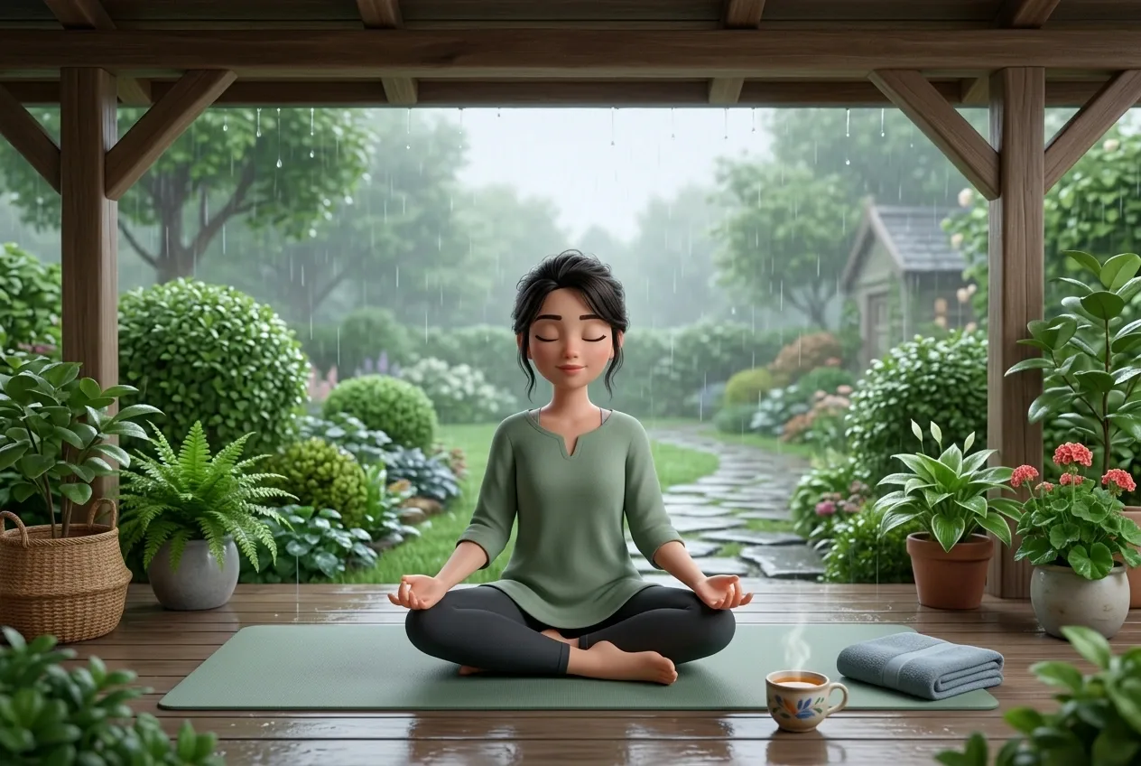 Young woman practicing mindful morning breathwork on a rainy garden terrace with a yoga mat and herbal tea in a soft 3D cartoon scene.