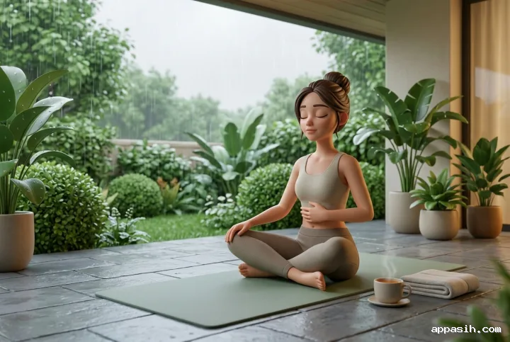 Young woman performing controlled breathwork on the same rainy garden terrace, shown from a closer three-quarter view with a yoga mat, herbal tea, and lush plants in detailed 3D cartoon style.