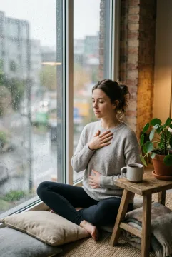 Woman practicing breathing meditation beside a rain-covered window with herbal tea in a cinematic wellness setting.