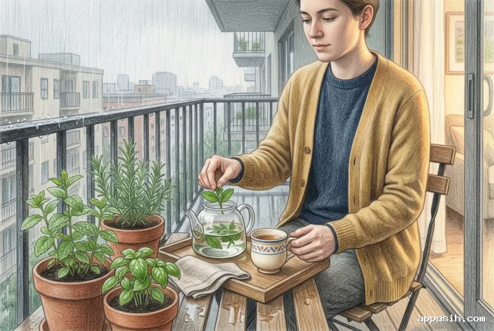 Young adult adding fresh herbs to a glass teapot on the same rainy apartment balcony, shown in a closer colored pencil three-quarter view.